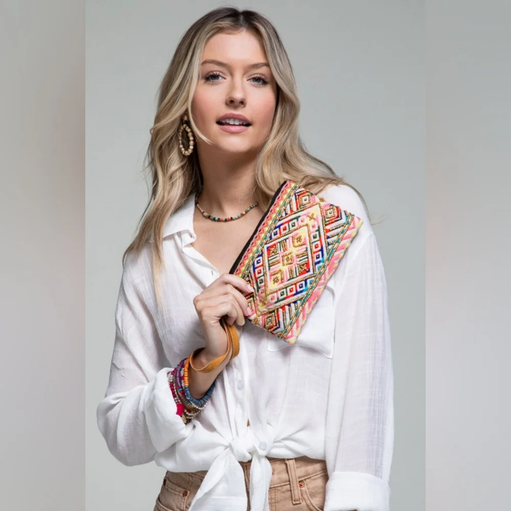 Handmade Hand Beaded Wristlet Clutch - Ethnic Inspired Design - Dyed Fine Cotton - Picture 5 of 8
